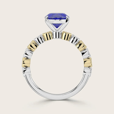 Lab-grown oval sapphire ring in two-tone 18k gold "R24822OVA" with milgrain vintage diamond band.