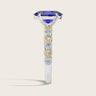 Side view of "R24822OVA" ring: Oval lab-grown sapphire, diamond milgrain band, two-tone 18k gold. Vintage style.