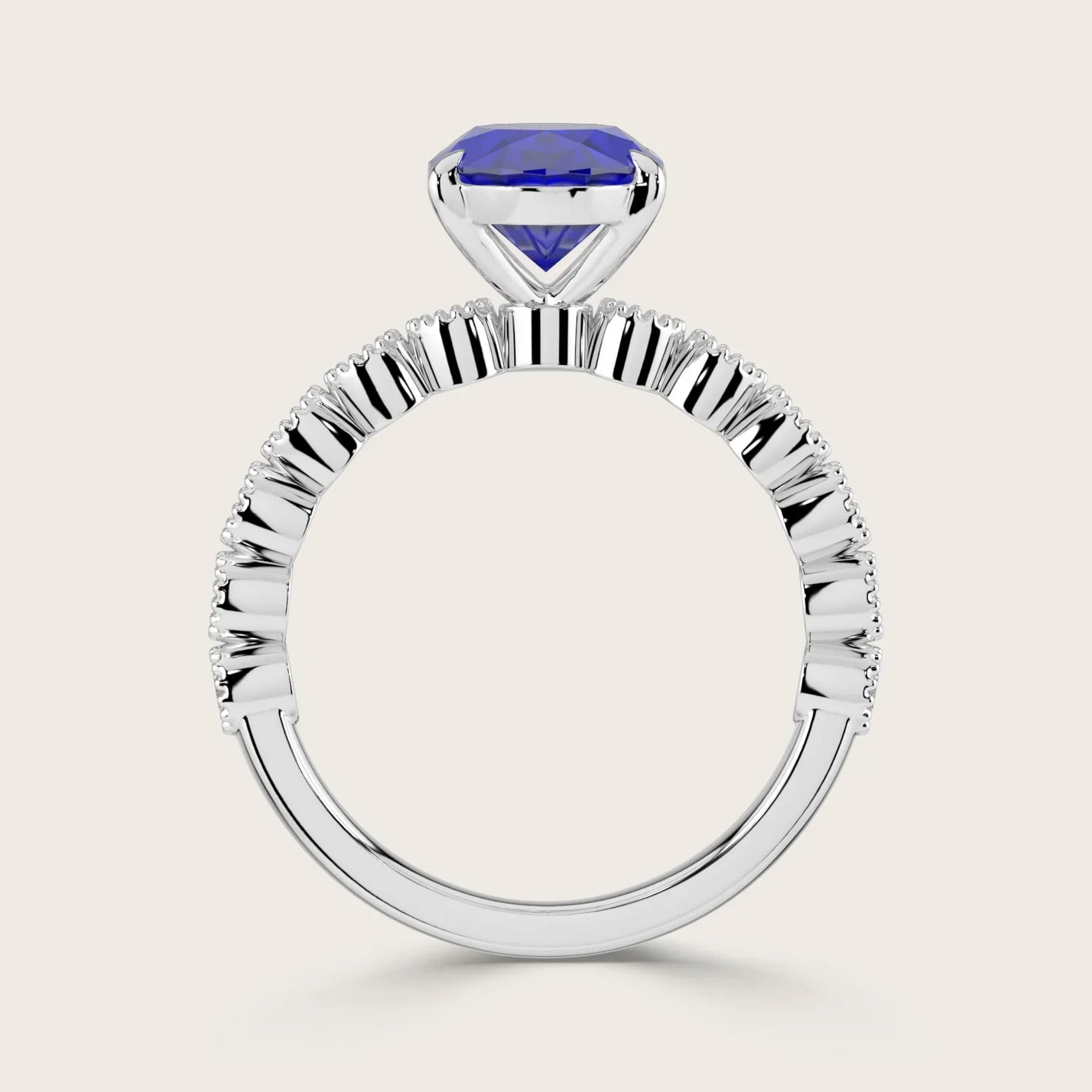 Side view of "R24822OVA" ring: Lab-grown oval sapphire in 18k white gold milgrain vintage diamond band.