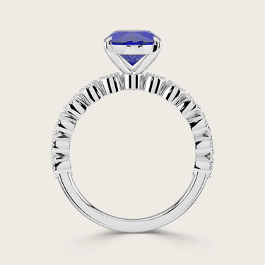 Side view of "R24822OVA" ring: Lab-grown oval sapphire in 18k white gold milgrain vintage diamond band.