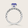 Side view of "R24822OVA" ring: Lab-grown oval sapphire in 18k white gold milgrain vintage diamond band.