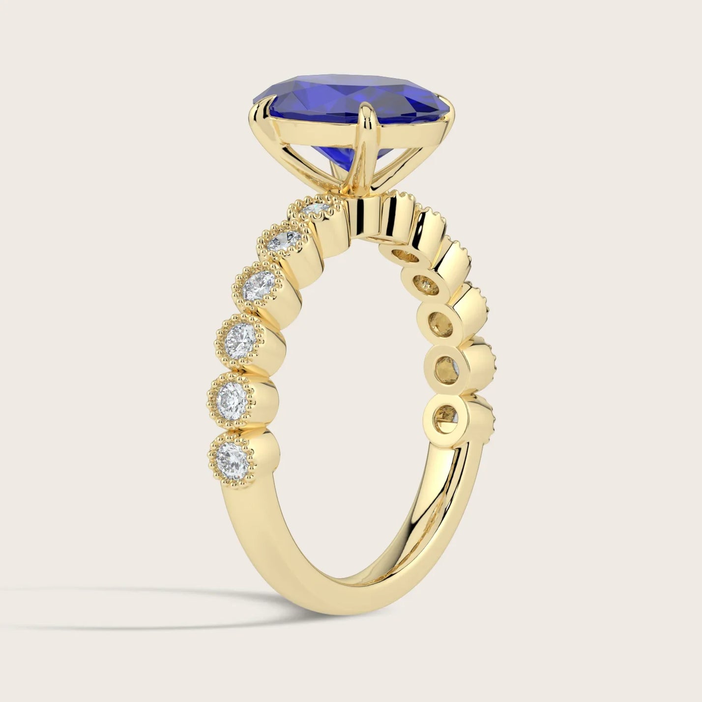 Lab-grown oval sapphire ring, milgrain vintage diamond band in 18k yellow gold, "R24822OVA". Side view.