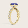 Lab-grown oval sapphire ring, milgrain vintage diamond band in 18k yellow gold, "R24822OVA". Side view.
