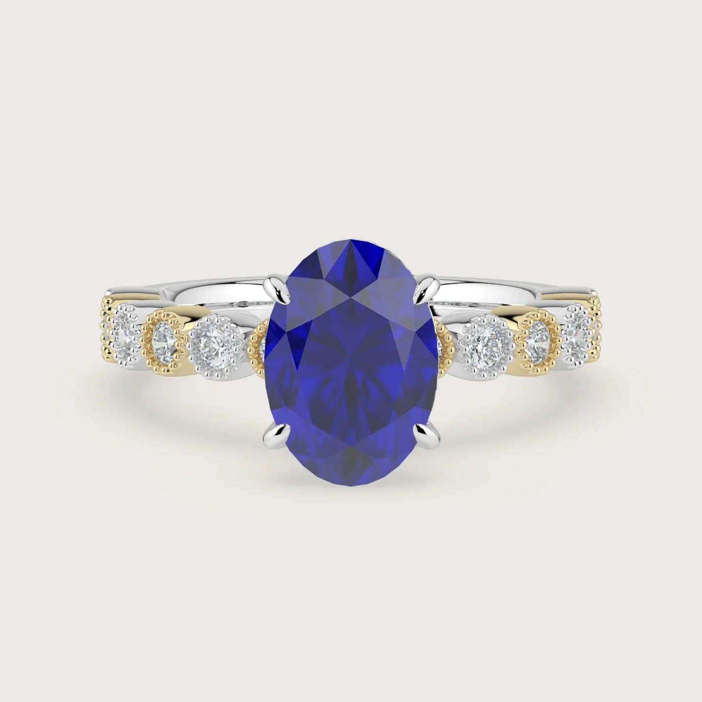 Oval lab-grown sapphire engagement ring in 18k two-tone gold with a milgrain vintage diamond band. "R24822OVA.