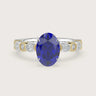 Oval lab-grown sapphire engagement ring in 18k two-tone gold with a milgrain vintage diamond band. "R24822OVA.