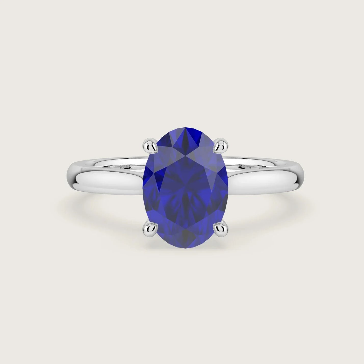 Oval lab-grown sapphire solitaire engagement ring in 18k white gold, "R24801OV", front view.