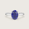Oval lab-grown sapphire solitaire engagement ring in 18k white gold, "R24801OV", front view.