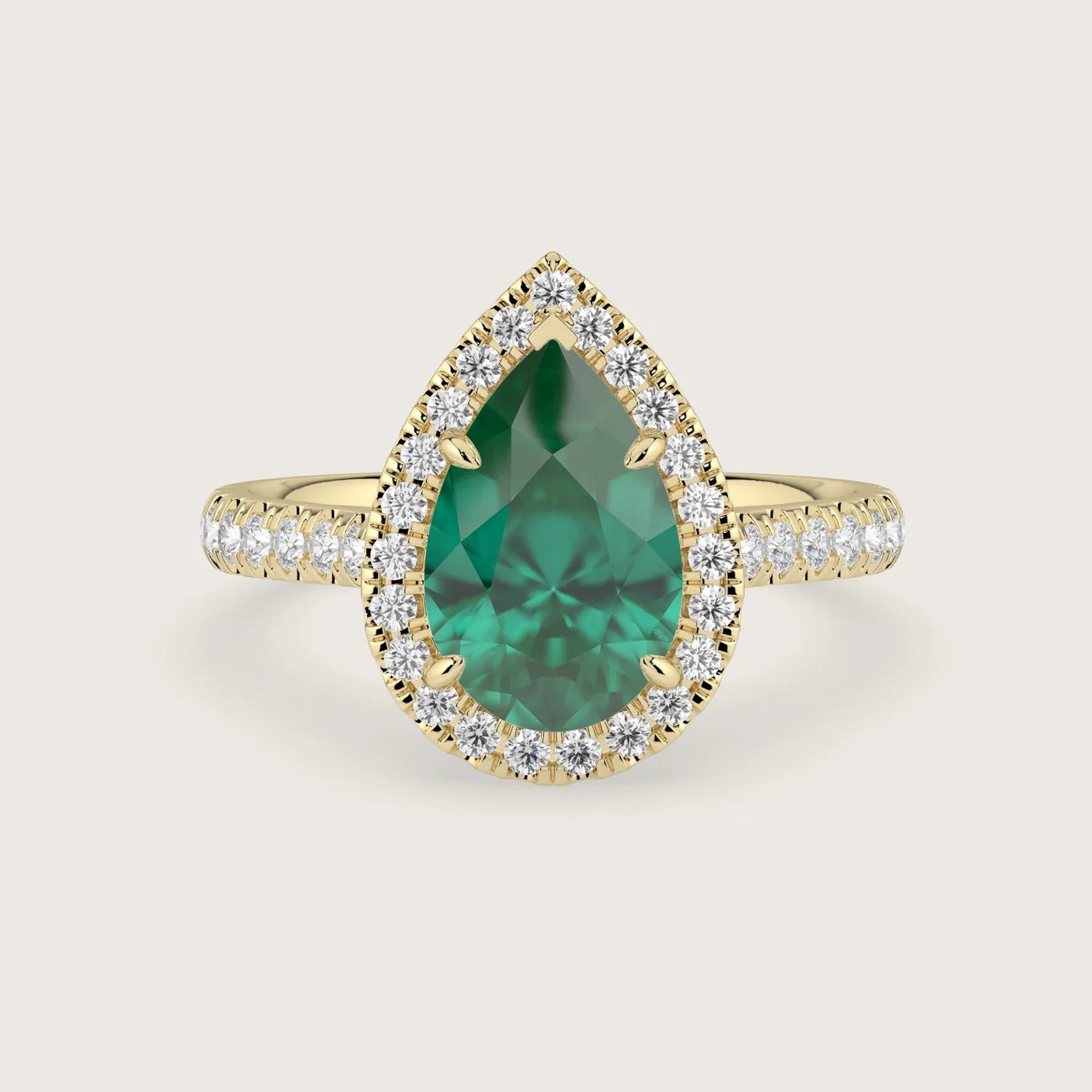 Pear-shaped lab-grown emerald halo engagement ring in 18k yellow gold, "R24818PEH.