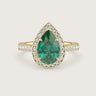 Pear-shaped lab-grown emerald halo engagement ring in 18k yellow gold, "R24818PEH.
