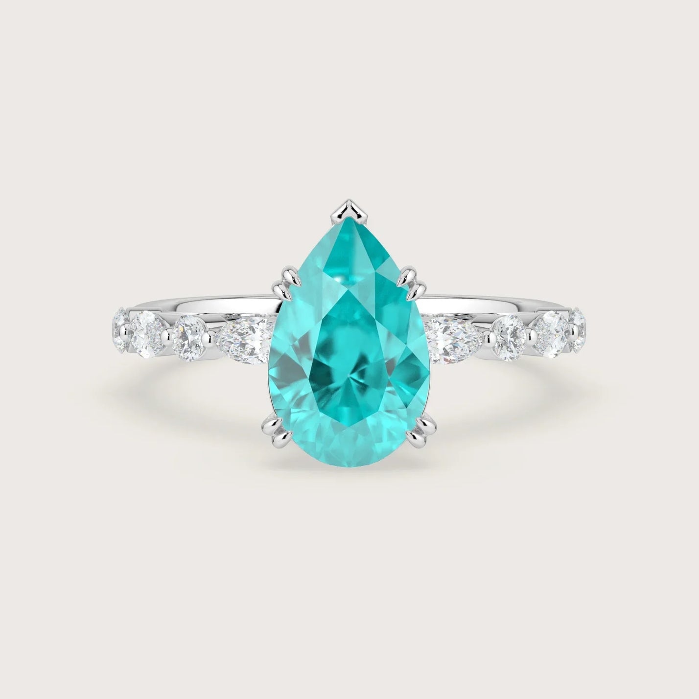 Lab-grown pear "Paraiba" gemstone engagement ring. Marquise & round diamond band, 18k white gold.