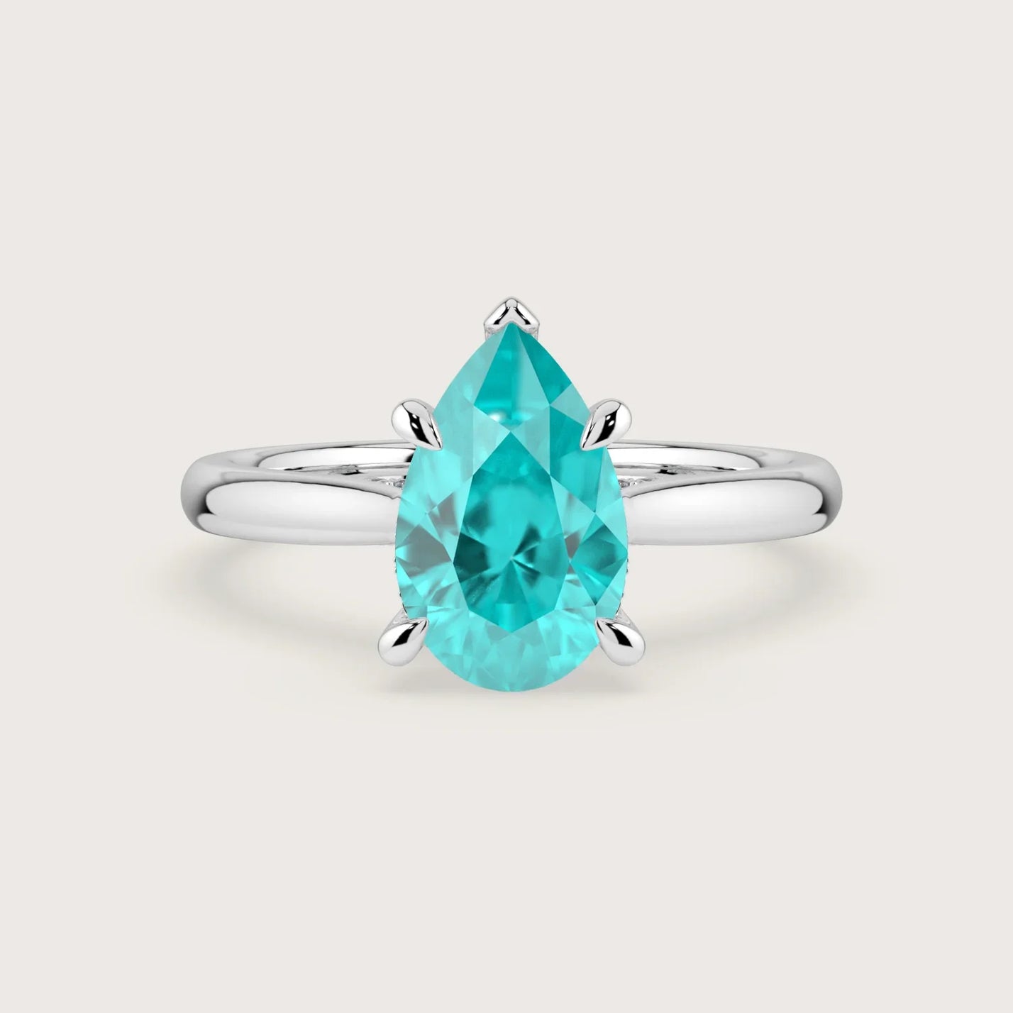 Lab-grown pear Paraiba solitaire ring, hidden halo, 18k white gold "R24819PEH". Engagement ring.