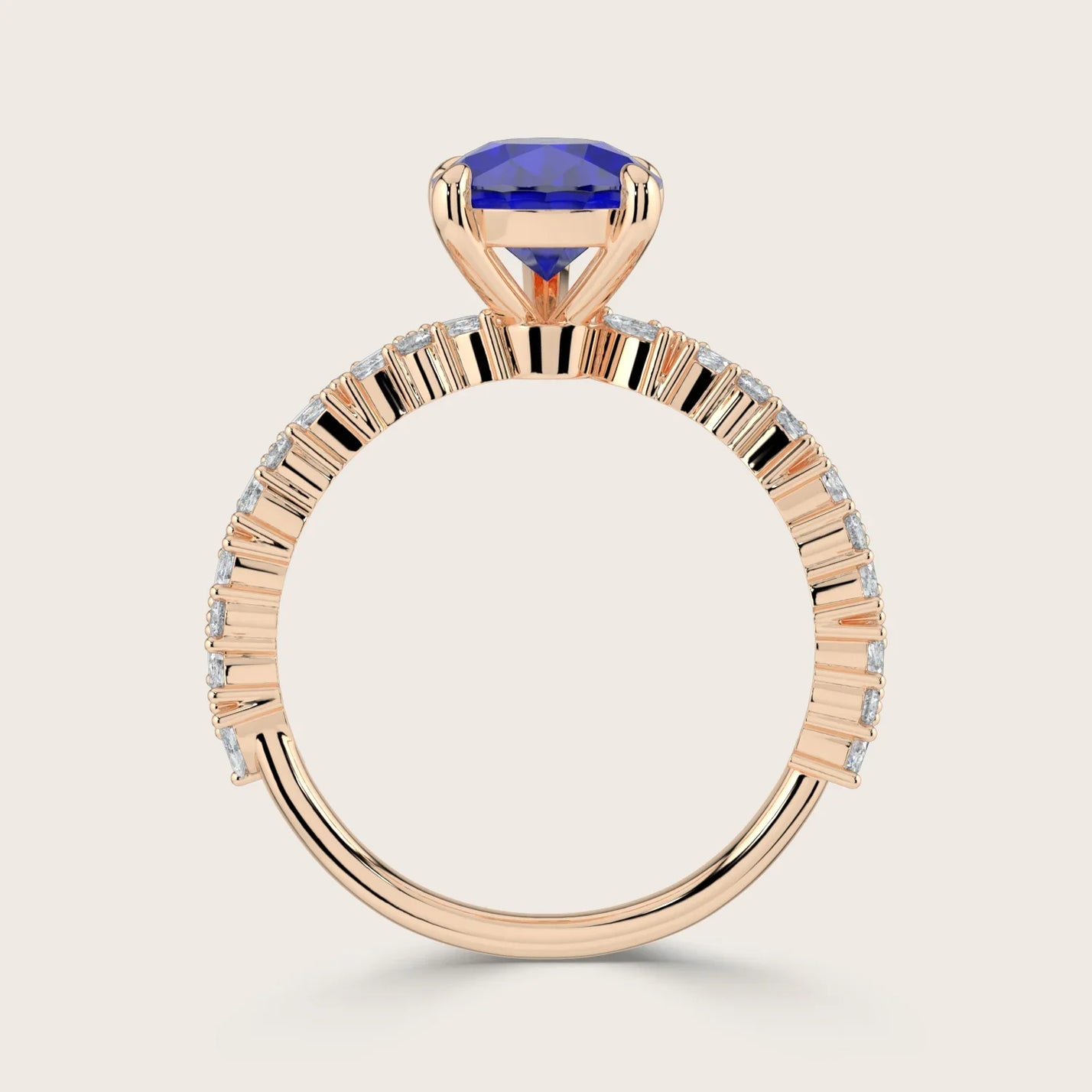 Rose gold band with lab-grown pear sapphire and diamond accents. "R24830PEA" detail.