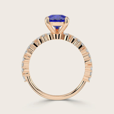 Rose gold band with lab-grown pear sapphire and diamond accents. "R24830PEA" detail.