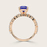 Rose gold band with lab-grown pear sapphire and diamond accents. "R24830PEA" detail.