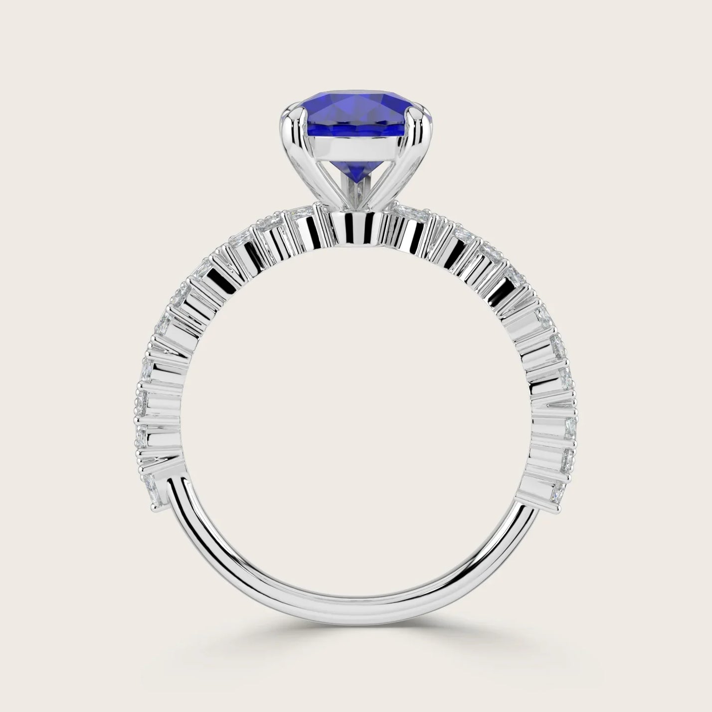 Lab-grown pear sapphire ring with diamond band in 18k white gold, "R24830PEA", side view.
