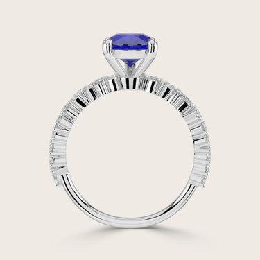Lab-grown pear sapphire ring with diamond band in 18k white gold, "R24830PEA", side view.