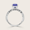 Lab-grown pear sapphire ring with diamond band in 18k white gold, "R24830PEA", side view.