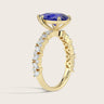 Lab-grown pear sapphire ring with diamond band in 18k yellow gold, style "R24830PEA," side view.