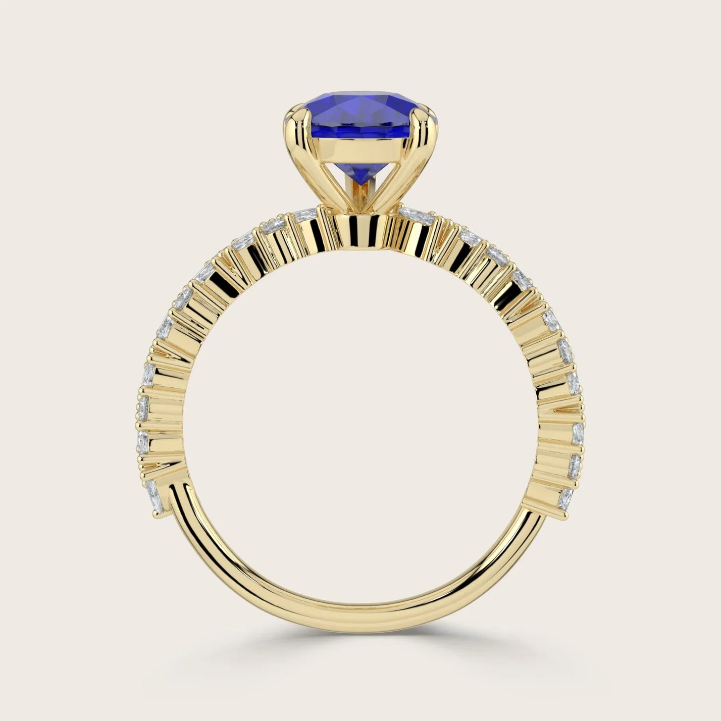 18k gold band ring with a lab-grown pear sapphire and diamond accents, "R24830PEA", side view.