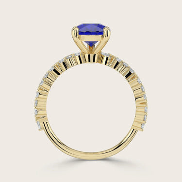 18k gold band ring with a lab-grown pear sapphire and diamond accents, "R24830PEA", side view.