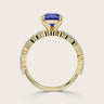 18k gold band ring with a lab-grown pear sapphire and diamond accents, "R24830PEA", side view.