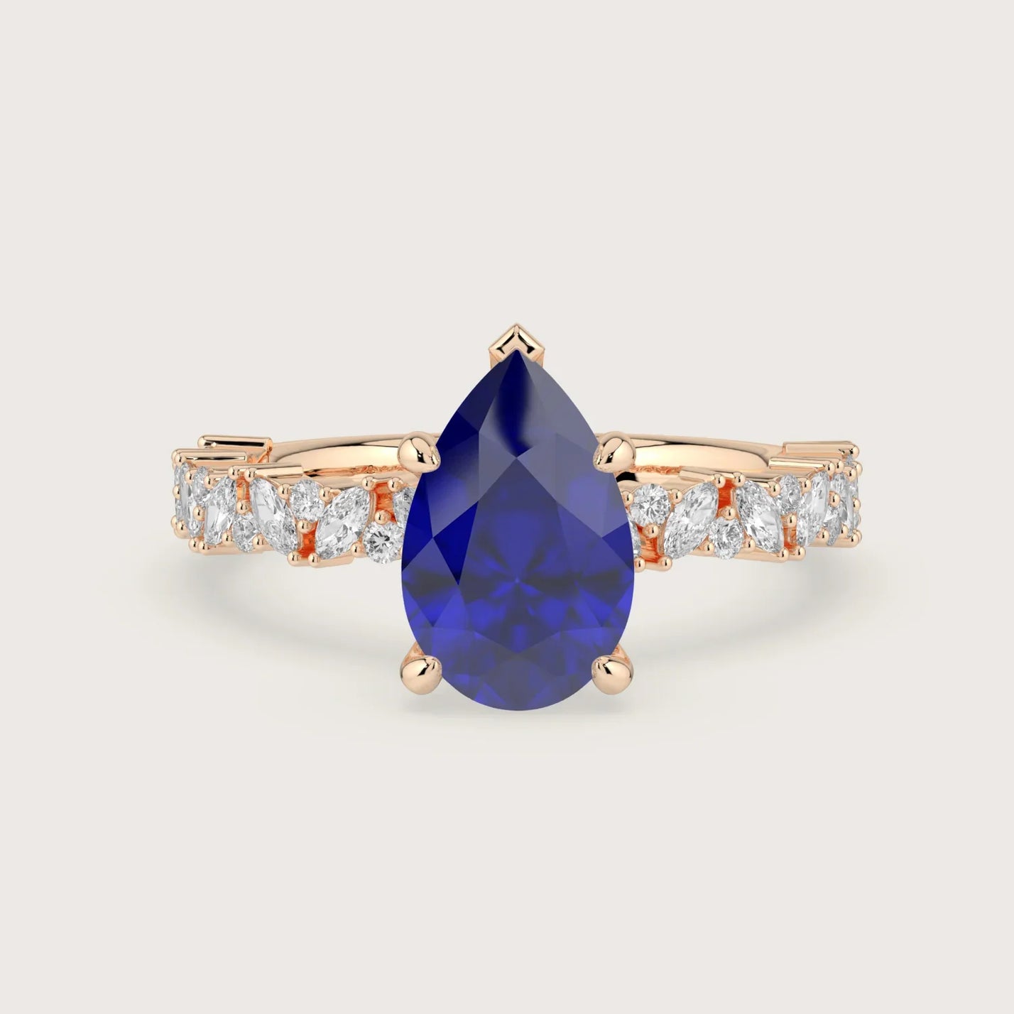 Rose gold engagement ring with pear-shaped lab-grown sapphire and diamond band. "R24830PEA.