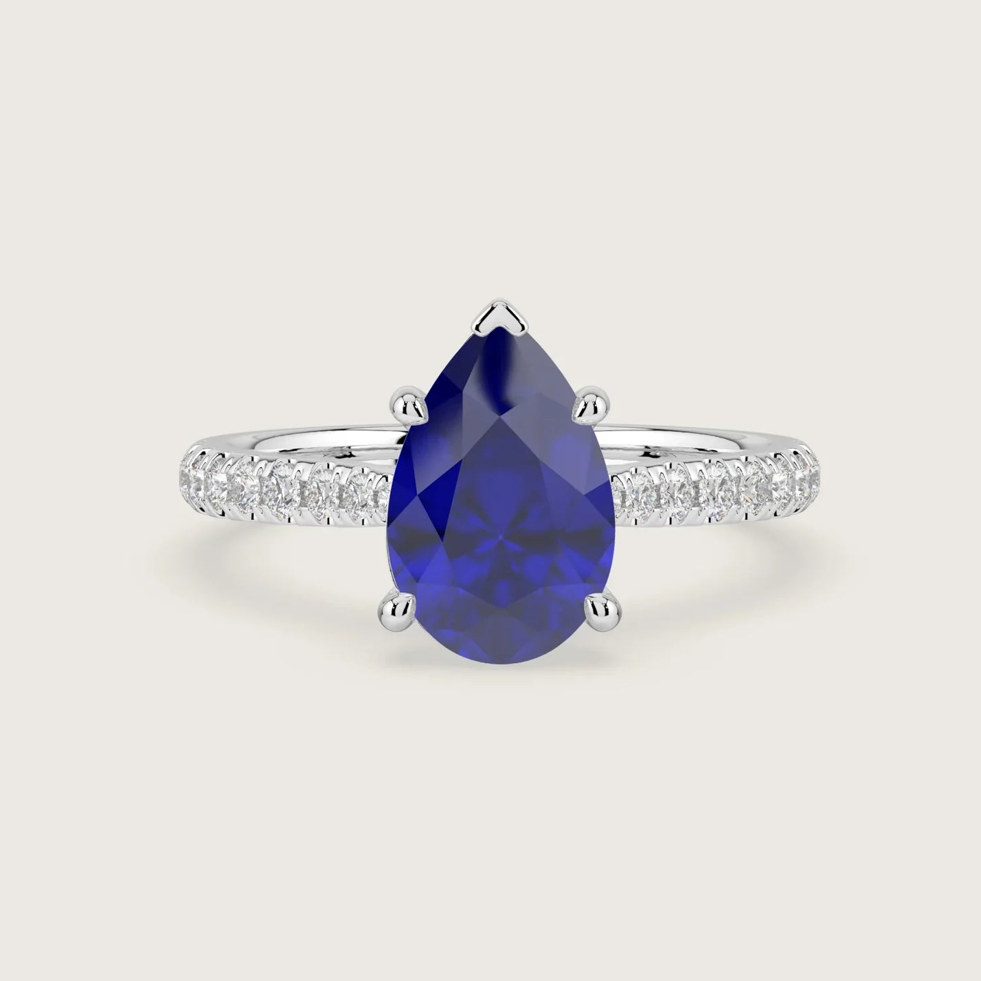 Pear-shaped lab-grown sapphire engagement ring with diamond band in 18k white gold. "R24801PEA.