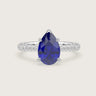 Pear-shaped lab-grown sapphire engagement ring with diamond band in 18k white gold. "R24801PEA.