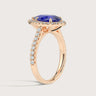 Rose gold ring with pear lab-grown sapphire, diamond halo & band. "R24818PEHA" side view.