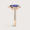 Side view of 18k rose gold ring with pear lab-grown sapphire, diamond halo & band, model "R24818PEHA.