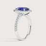 Keanis lab-grown pear sapphire halo ring with diamond band in 18k white gold, R24818PEHA, side view