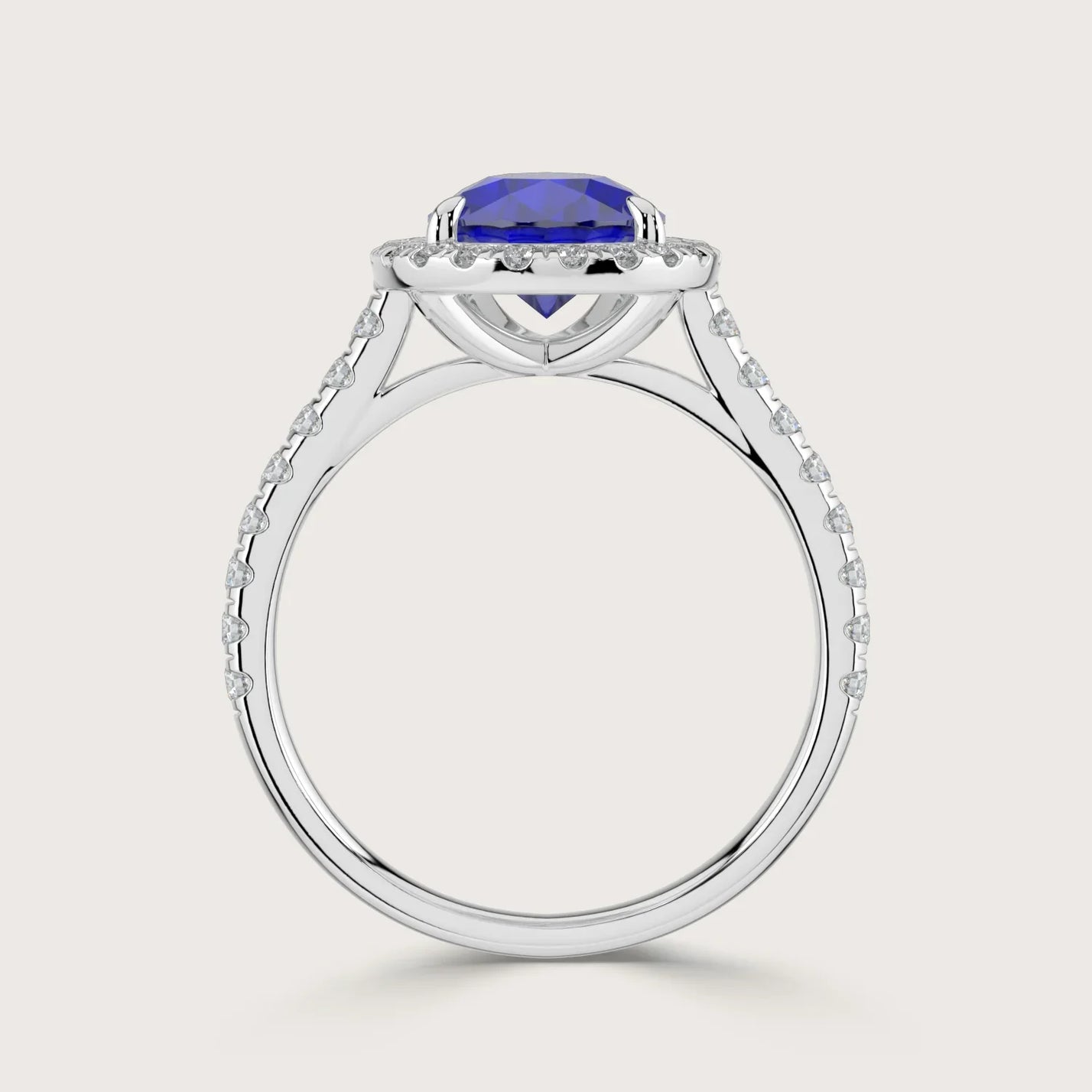 Lab-grown pear sapphire ring with diamond halo and band in 18k white gold, style "R24818PEHA.