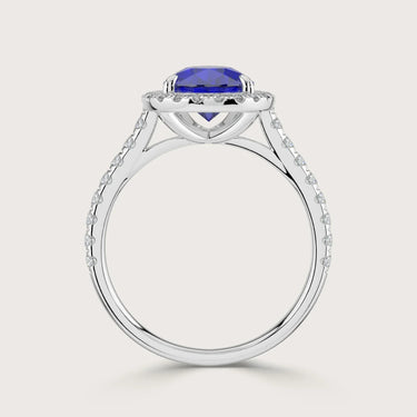 Lab-grown pear sapphire ring with diamond halo and band in 18k white gold, style "R24818PEHA.