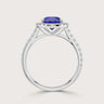 Lab-grown pear sapphire ring with diamond halo and band in 18k white gold, style "R24818PEHA.