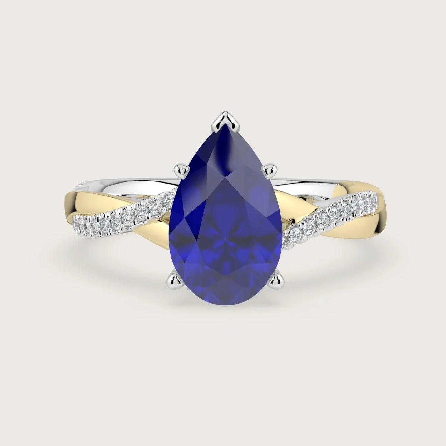 Pear sapphire engagement ring. Two-tone 18k gold twist band with diamonds. "R24823PEA" visible.