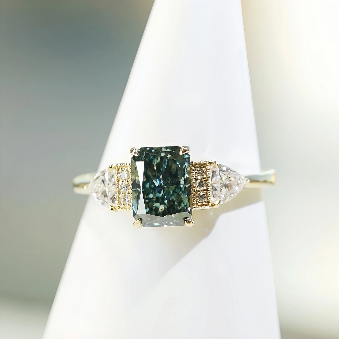 The Chapters Heirloom, IGI 1.56ct Fancy Vivid Green Radiant Lab Diamond, 18K Yellow Gold Vintage Engagement Ring