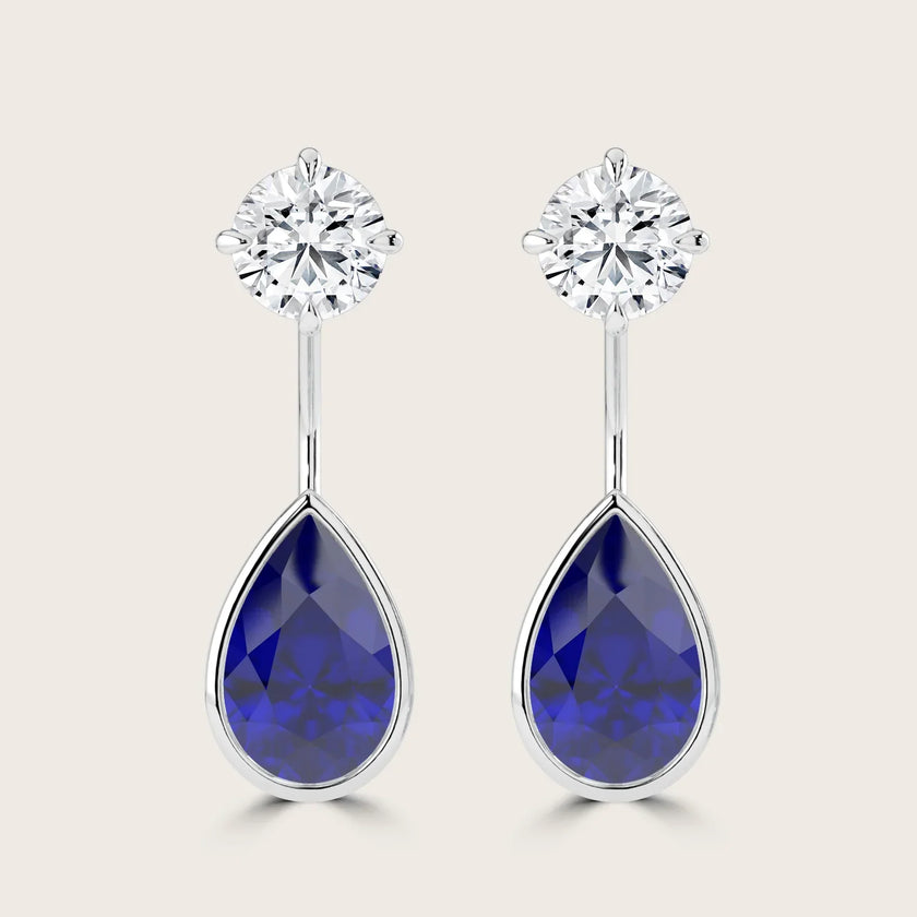 Lab-grown diamond & pear sapphire earrings, bezel set in 18k white gold. Elegant drop earrings.