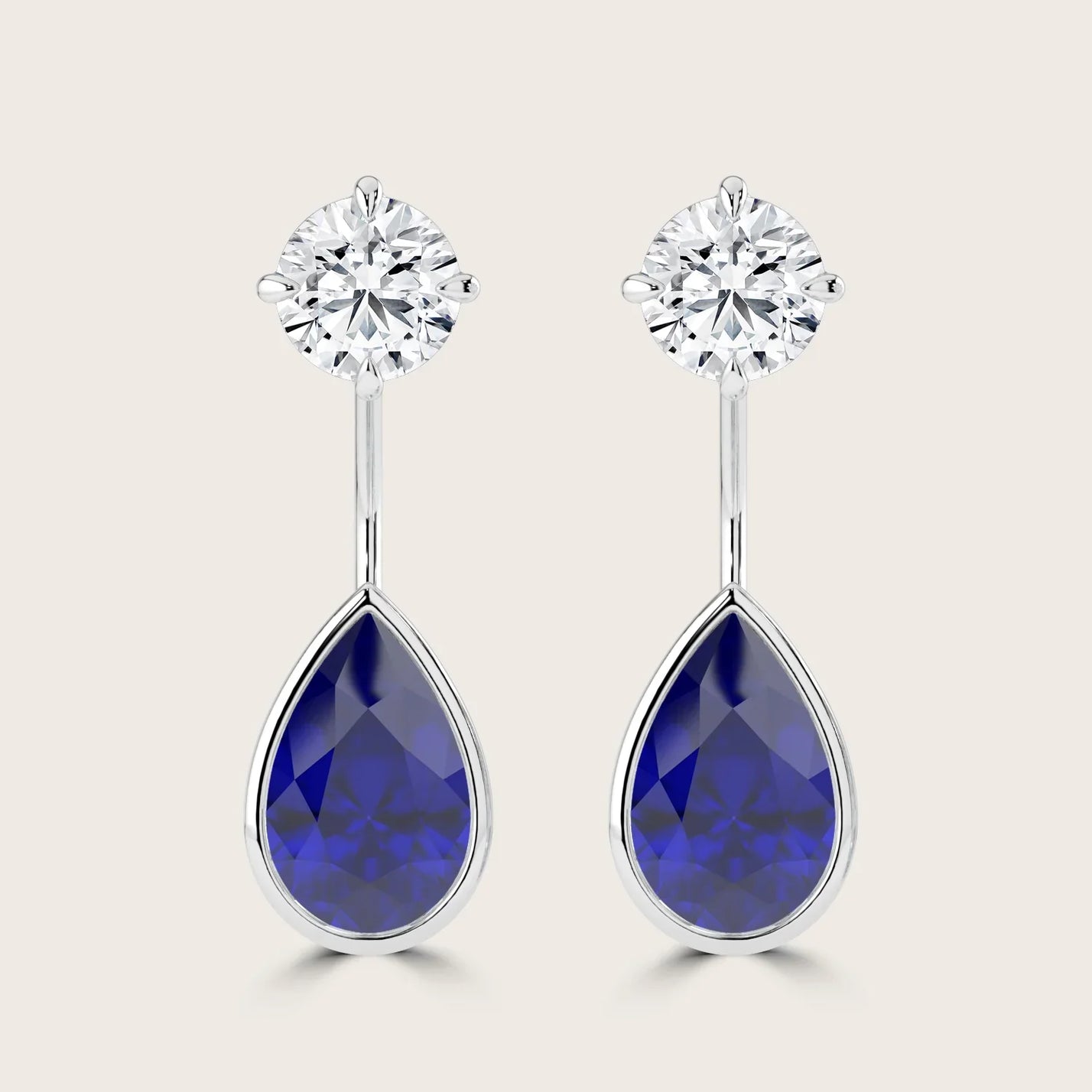 Lab-grown diamond & pear sapphire earrings, bezel set in 18k white gold. Elegant drop earrings.