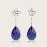 Lab-grown diamond & pear sapphire earrings, bezel set in 18k white gold. Elegant drop earrings.