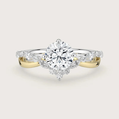 Lab-grown round diamond "V-shaped twist" engagement ring, 18k two-tone gold band. Elegant design.