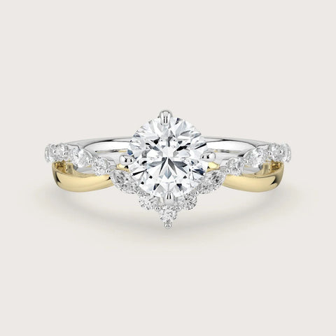 Lab-grown round diamond "V-shaped twist" engagement ring, 18k two-tone gold band. Elegant design.