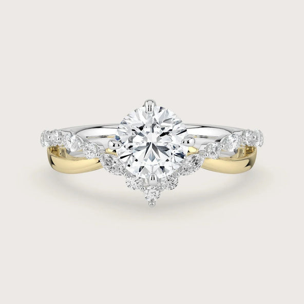 Lab-grown round diamond "V-shaped twist" engagement ring, 18k two-tone gold band. Elegant design.
