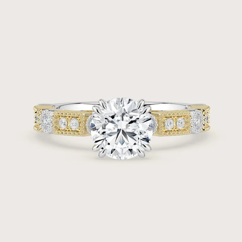 Lab-grown round diamond engagement ring. 18k gold, two-tone, vintage "milgrain" detail on band.